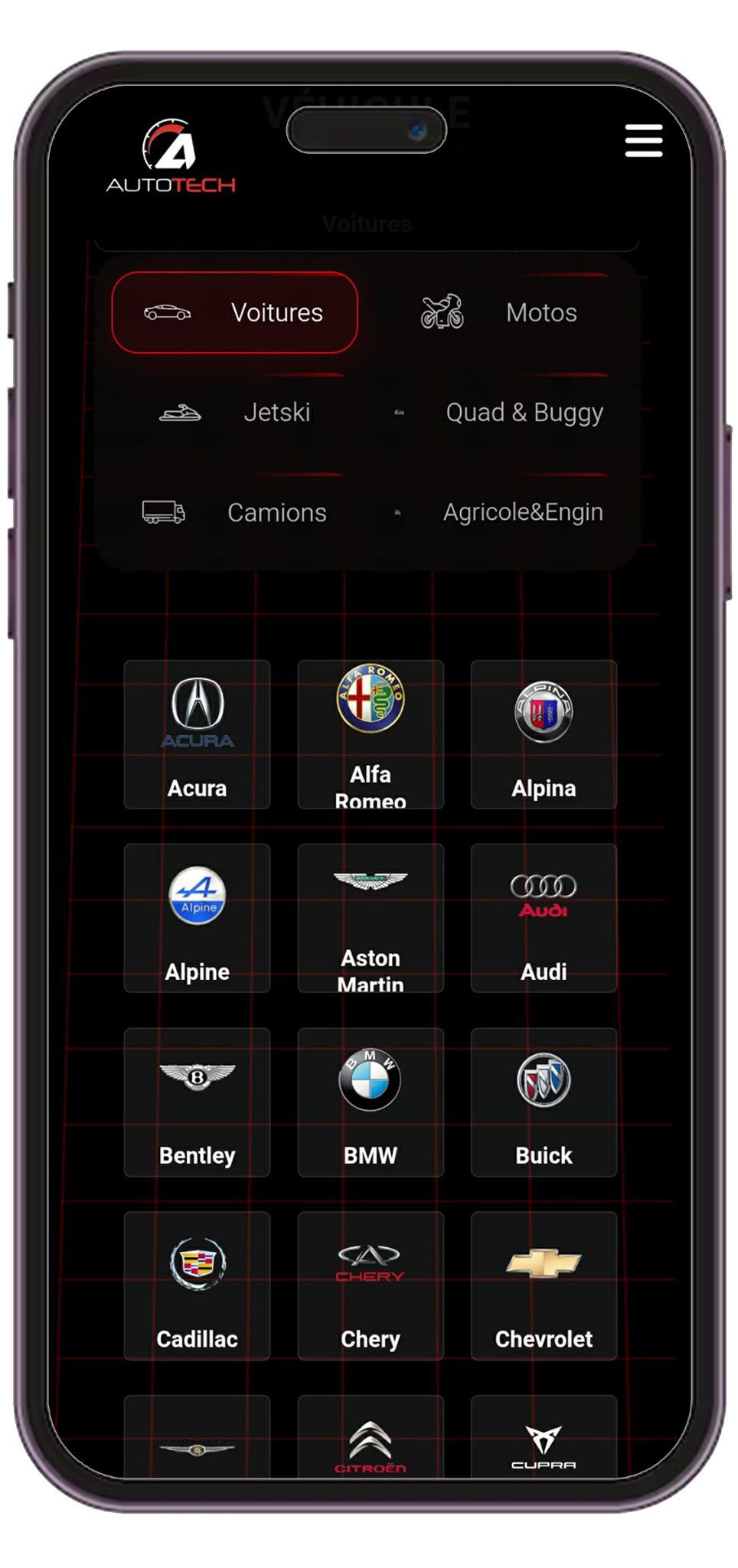 Interface AUTOTECH sur smartphone pour présenter vos services