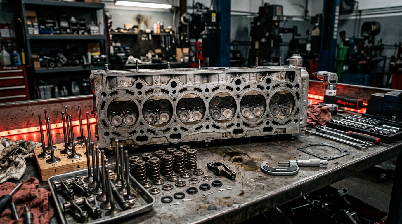 Culasse 6 cylindres et soupapes en réparation démontées sur table - risques catalyseur colmaté