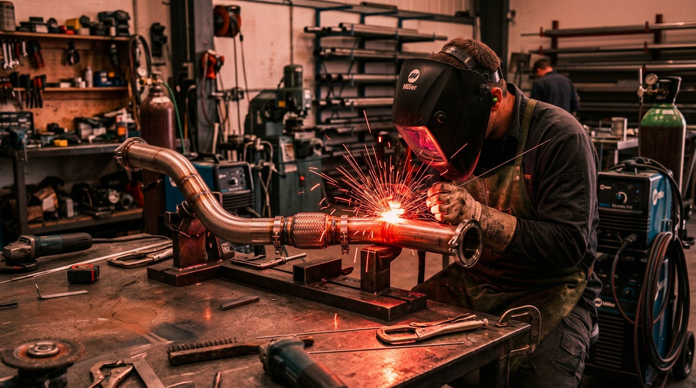 Soudeur en train de fabriquer une downpipe sur table - pipe décata